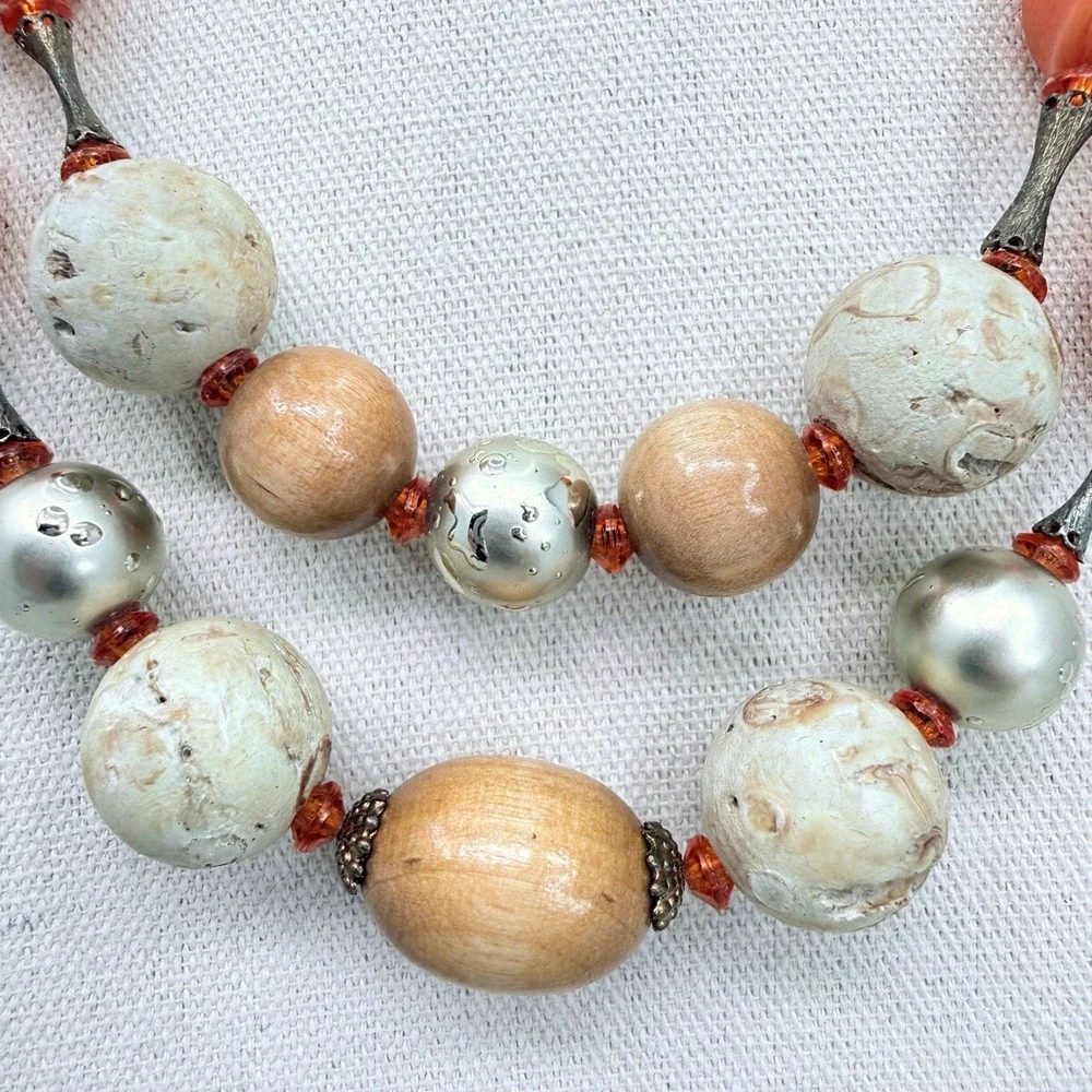 Arthur Pepper Vintage Necklace Double Strand Wood Stone Coral‎ Bead Mid Mod